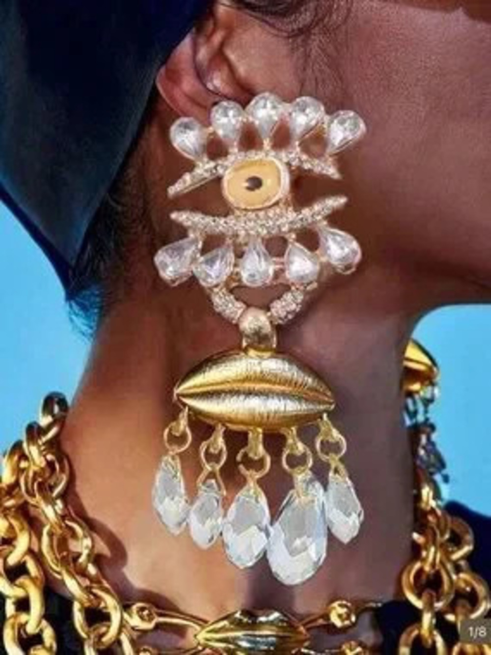 Surreal Eye and Lips Crystal Chandelier Earrings Gold Sculptural Luxury Jewelry